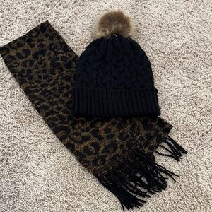 Black Knit Beanie with Pom and Leopard Print Scarf